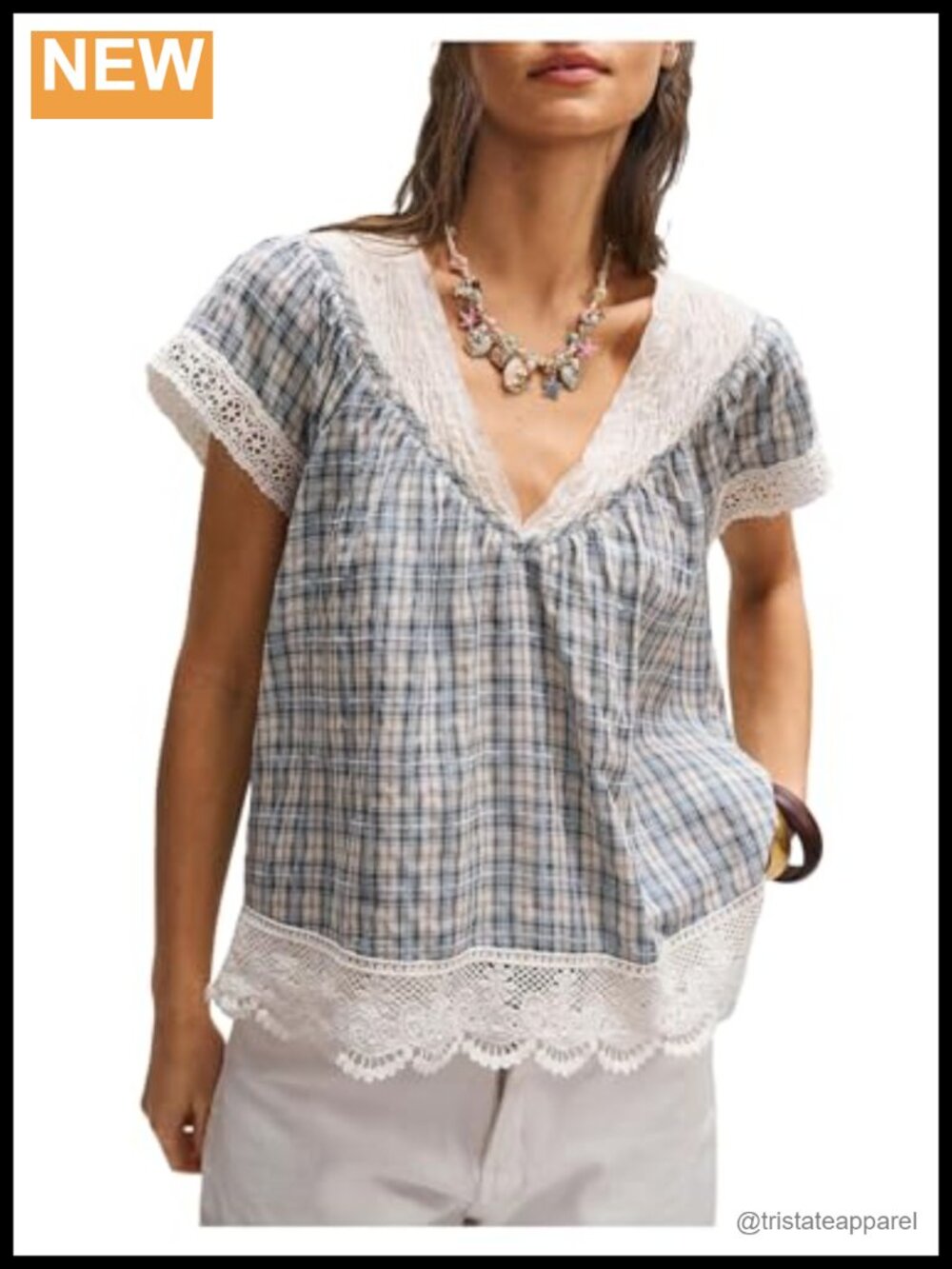 Crochet Lace Plaid Blouse V Neck Short Sleeve Pullover